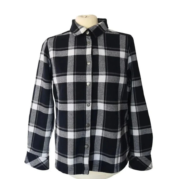 Orvis Shacket Flannel Top Snap Front Black White Plaid Pockets Long Sleeve Small - Picture 1 of 8